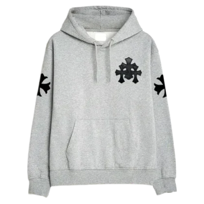 Leather Cross Patches Grey Pullover Chrome Hearts Hoodie