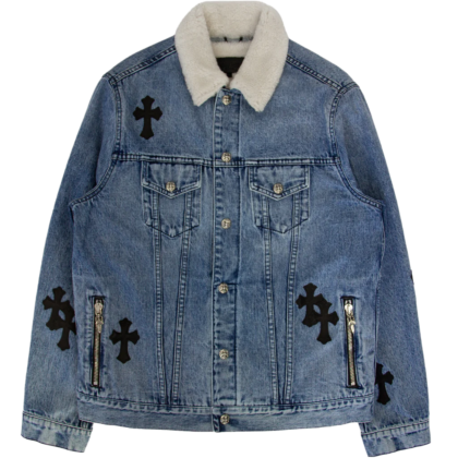 Leather Patch Shearling Blue Denim Trucker | Chrome Hearts