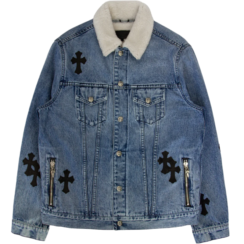 Leather Patch Shearling Blue Denim Trucker | Chrome Hearts