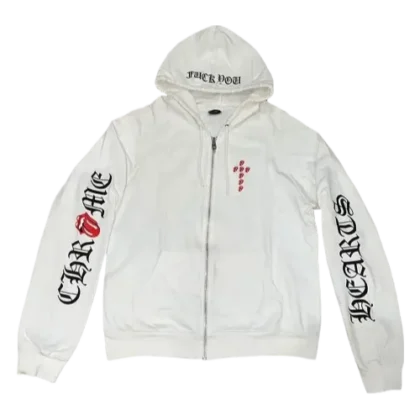 Chrome Heart Rolling Stone Zip-Up White Hoodie