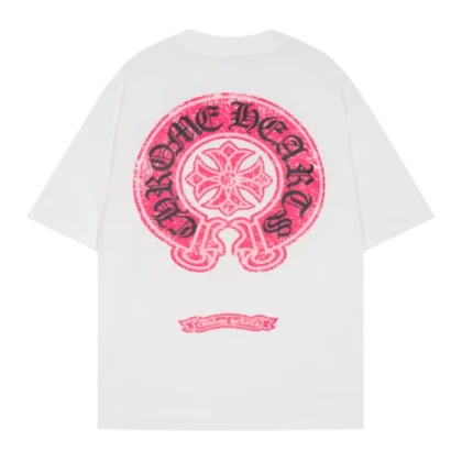 Casual Pink Chrome Hearts logo Black Tee with Dropped Sleeves