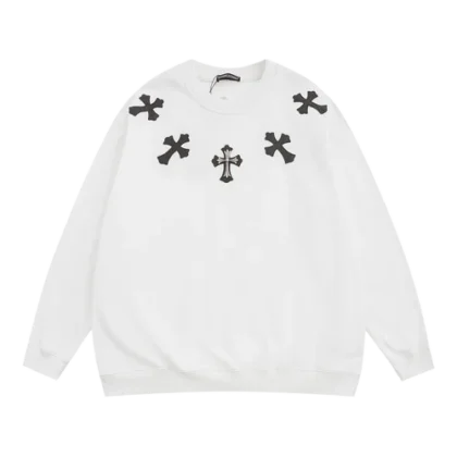 Chrome Hearts 5 Black Leather Patches White Sweatshirt