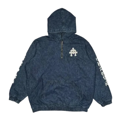 Chrome Hearts Triple White Cross Patch Half Zip Denim Hoodie