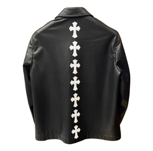 White Cross Patch Chrome Hearts Black Leather Jacket