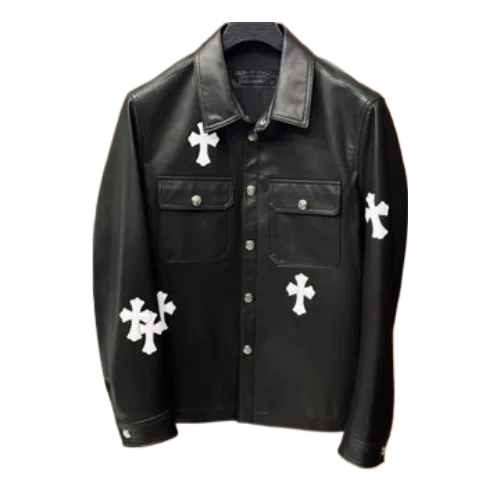 White Cross Patch Chrome Hearts Black Leather Jacket